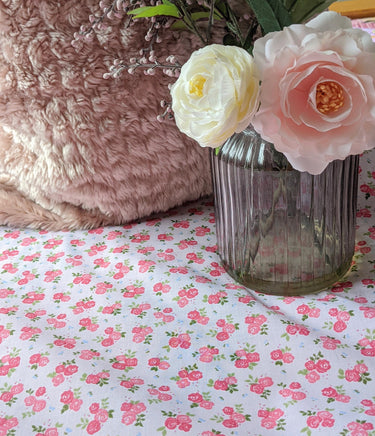 Pink Sally Poly Cotton Triple Rose Floral Fabric, Small Print Fabric, Small Flower Fabric